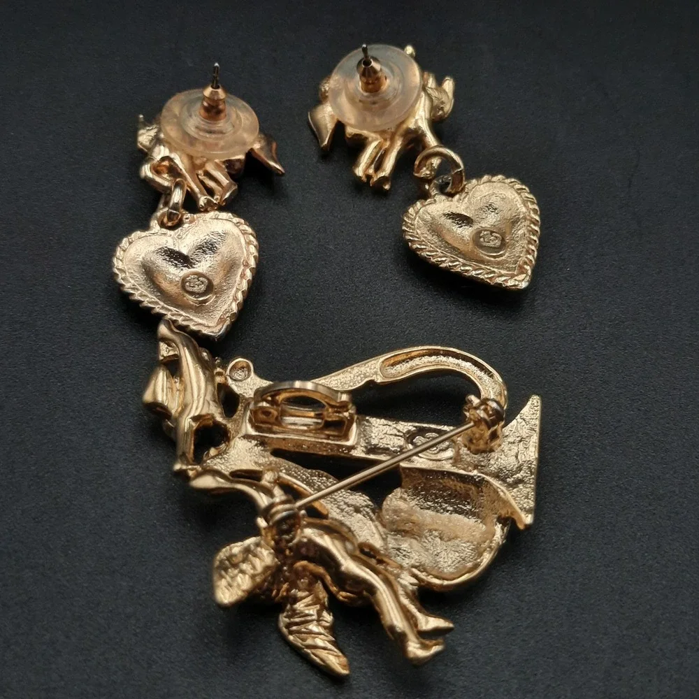 Vintage Premier Designs Gold-tone Cherub Brooch/Pendant & Earring‎ Set